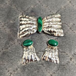 Vintage 70's Sterling Silver & Malachite Brooche w/ Earrings (plz read descrp)